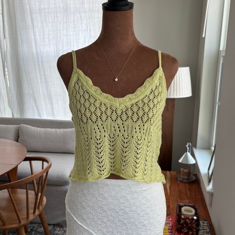 American Threads Green Crochet Crop Top Tank Adjustable Straps Y2K Small Medium